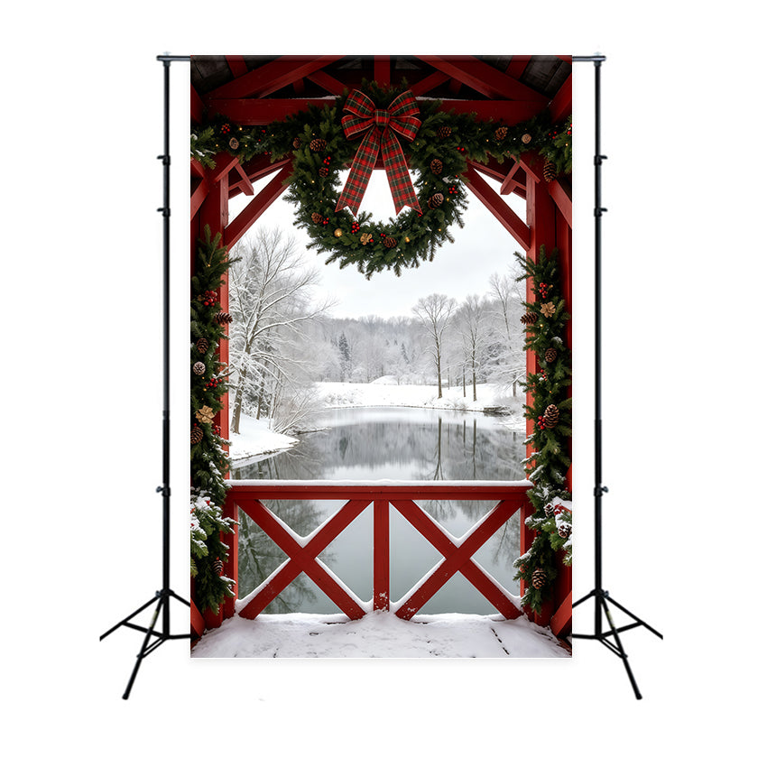 Winter Christmas Backdrop Snowy Barn Wreath View Studio Backdrops Christmas UK GQ69-40