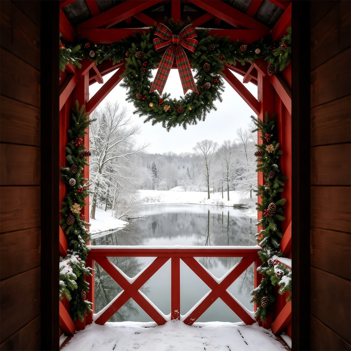 Winter Christmas Backdrop Snowy Barn Wreath View Studio Backdrops Christmas UK GQ69-40