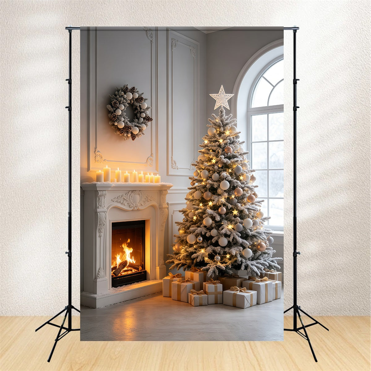 Christmas Scene Backdrop Elegant Fireplace Tree Room Photo Christmas Backdrops UK GQ69-42