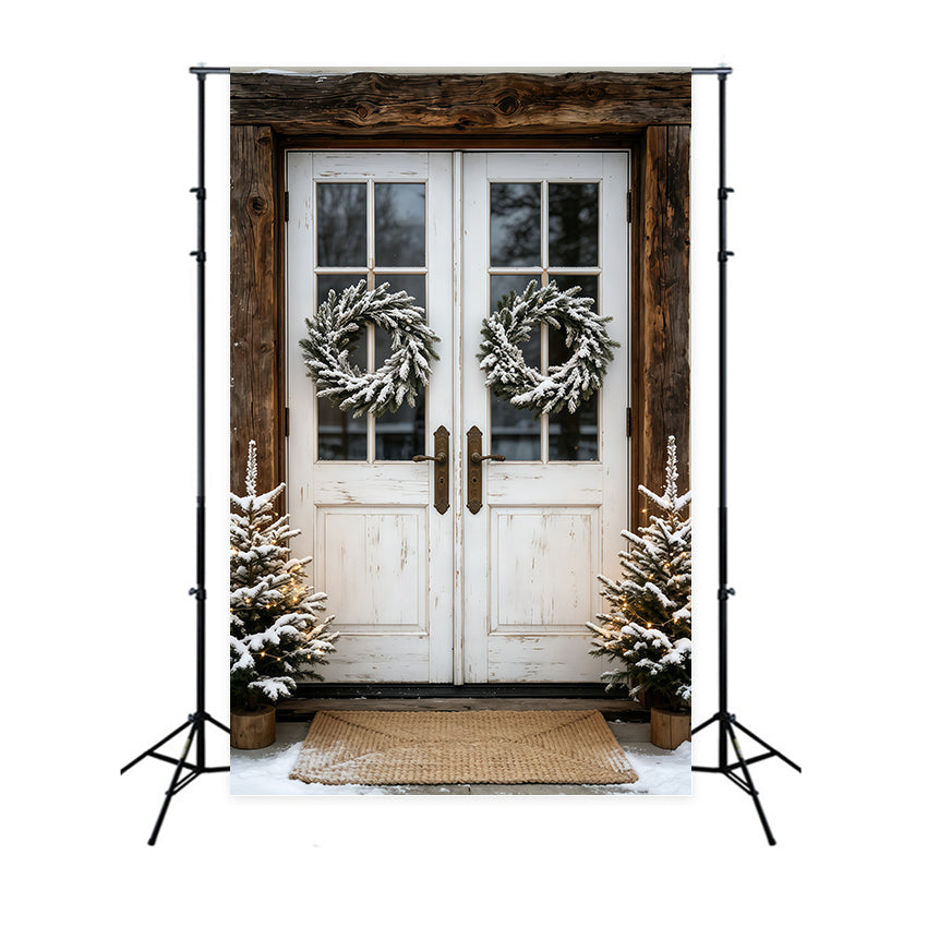 Outdoor Christmas Backdrop Snowy Double Door Wreath Studio Christmas Backdrops UK GQ69-45