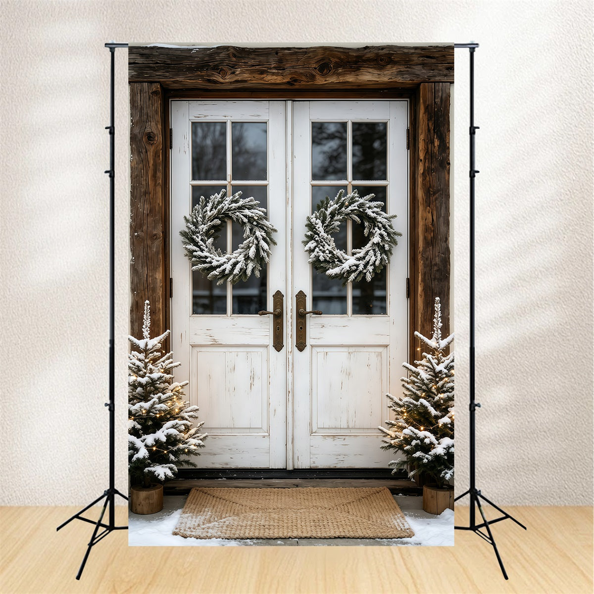 Outdoor Christmas Backdrop Snowy Double Door Wreath Studio Christmas Backdrops UK GQ69-45