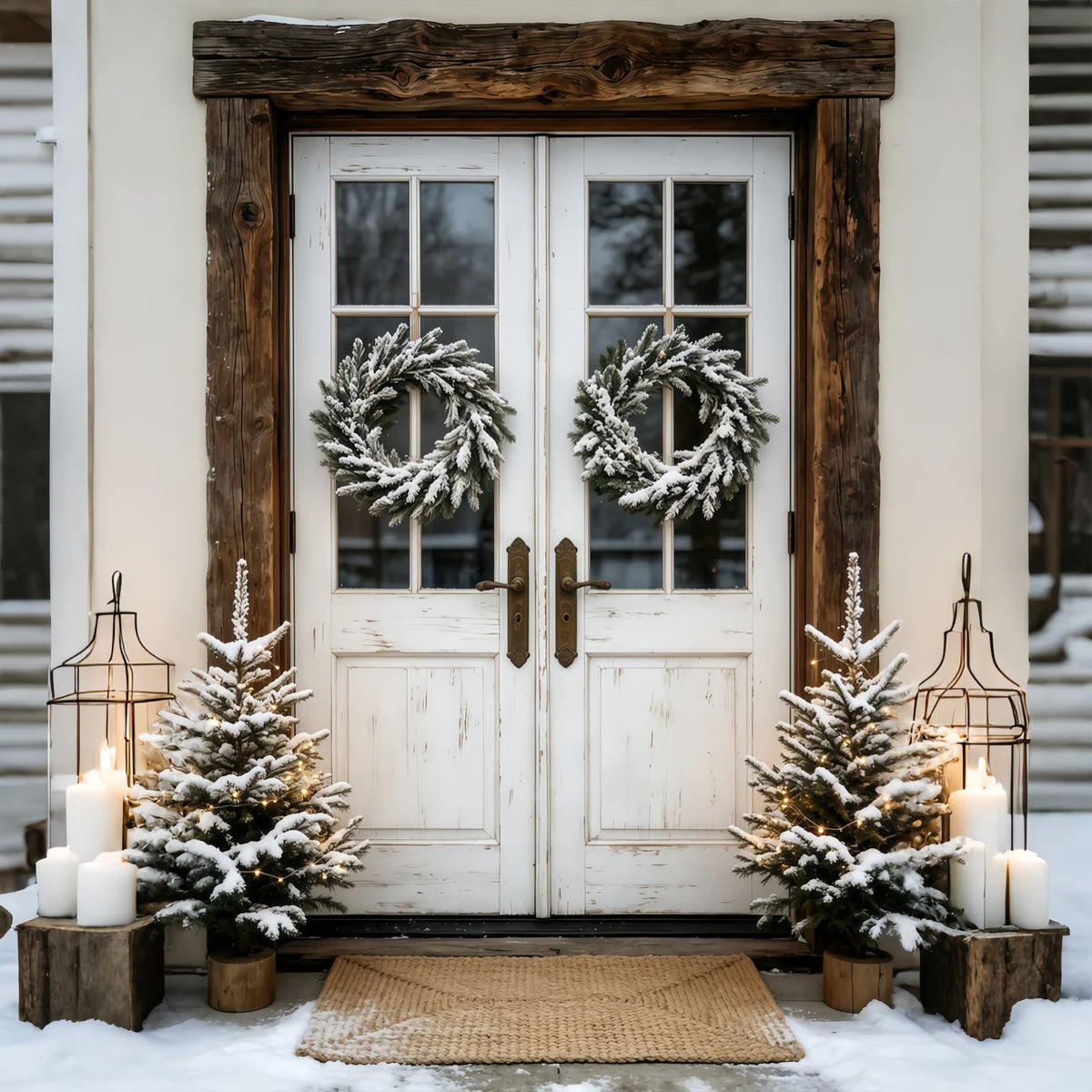 Outdoor Christmas Backdrop Snowy Double Door Wreath Studio Christmas Backdrops UK GQ69-45