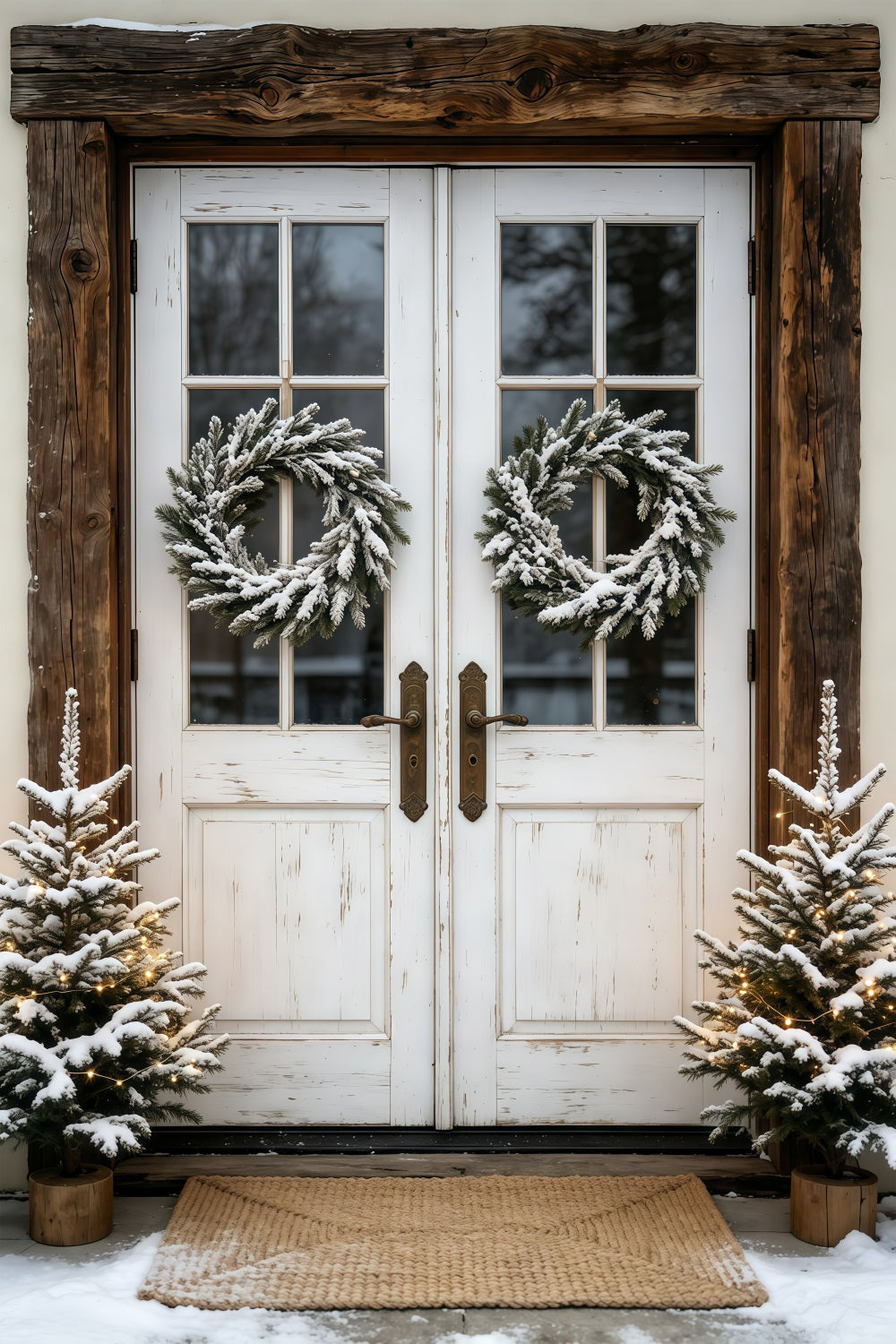 Outdoor Christmas Backdrop Snowy Double Door Wreath Studio Christmas Backdrops UK GQ69-45