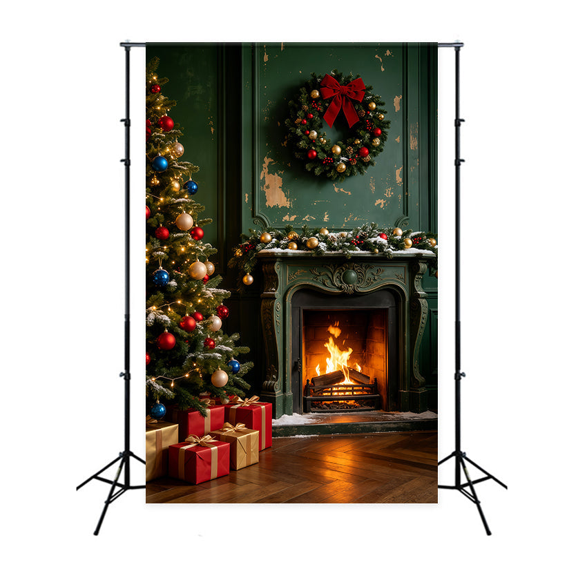 Vintage Christmas Backdrop Green Wood Fireplace Room Wall Christmas Backdrop UK GQ69-46