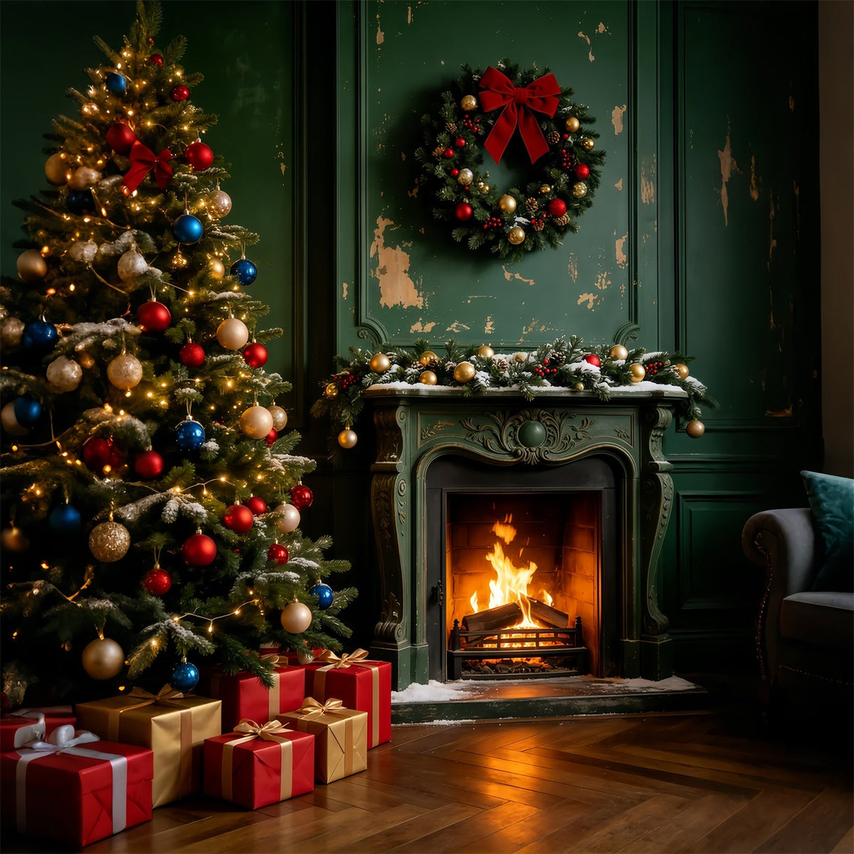 Vintage Christmas Backdrop Green Wood Fireplace Room Wall Christmas Backdrop UK GQ69-46
