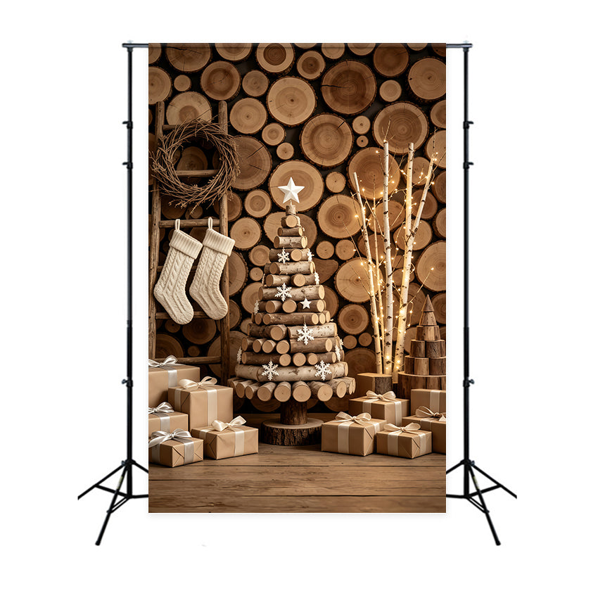 Rustic Christmas Backdrop Wood Log Wall Tree Display Christmas Muslin Backdrop UK GQ69-47