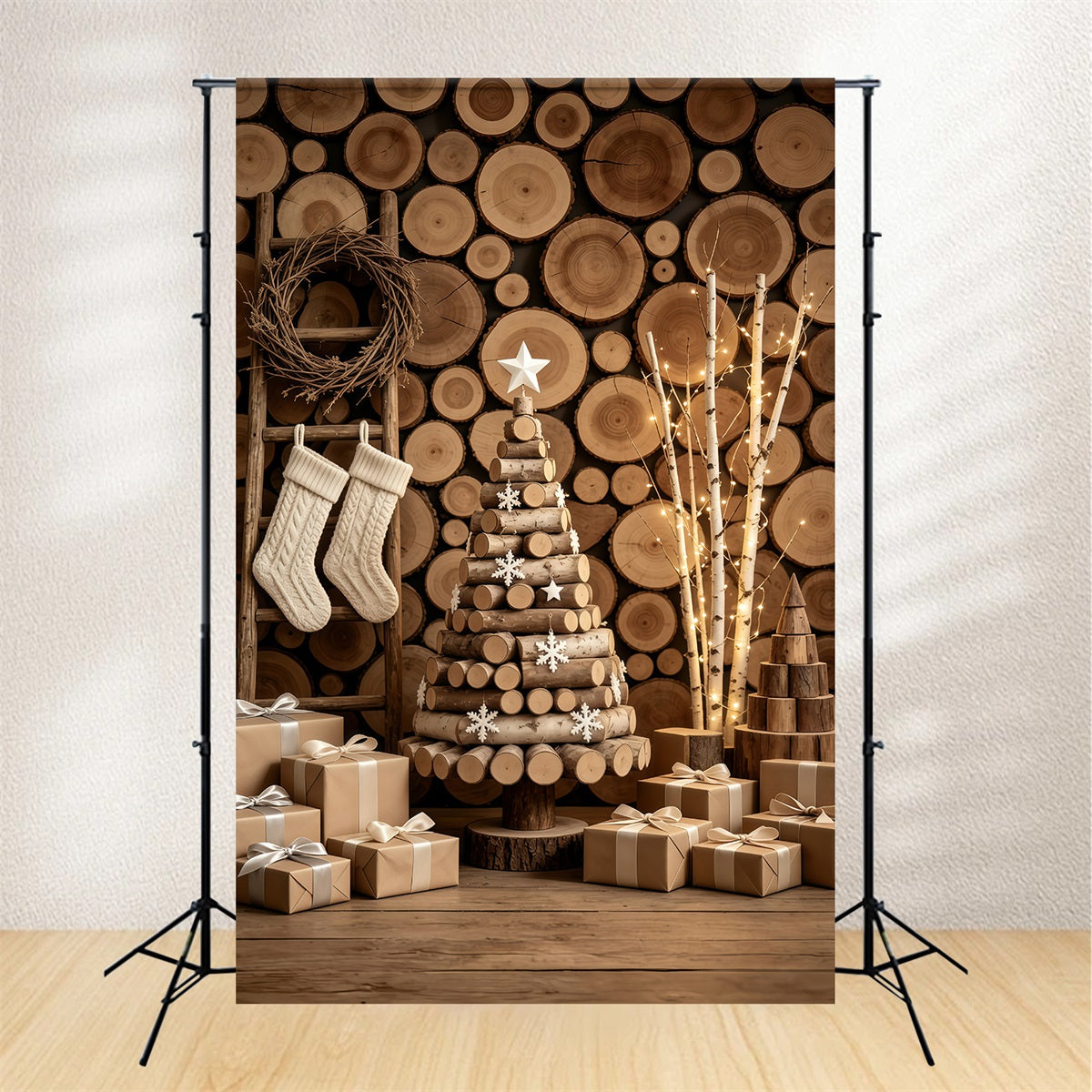 Rustic Christmas Backdrop Wood Log Wall Tree Display Christmas Muslin Backdrop UK GQ69-47