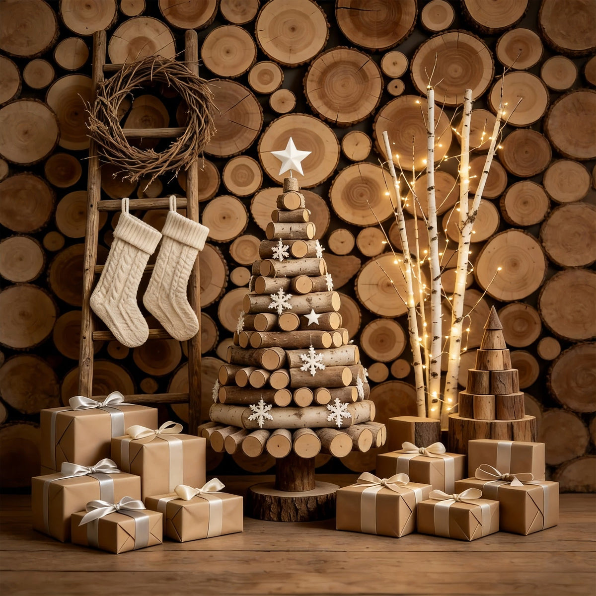 Rustic Christmas Backdrop Wood Log Wall Tree Display Christmas Muslin Backdrop UK GQ69-47