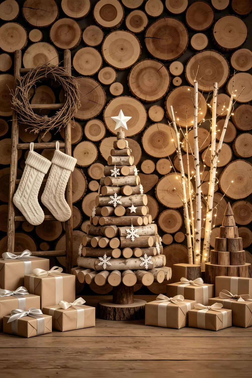 Rustic Christmas Backdrop Wood Log Wall Tree Display Christmas Muslin Backdrop UK GQ69-47