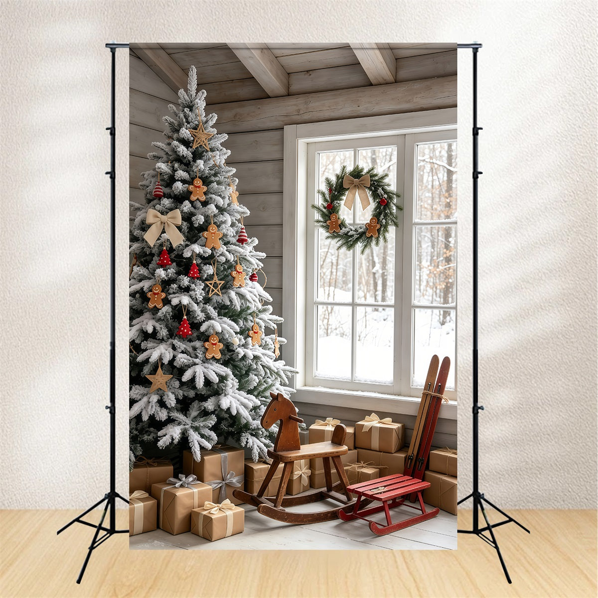 Christmas Cabin Backdrop Snowy Gingerbread Tree Room Christmas Indoor Backdrop UK GQ69-48