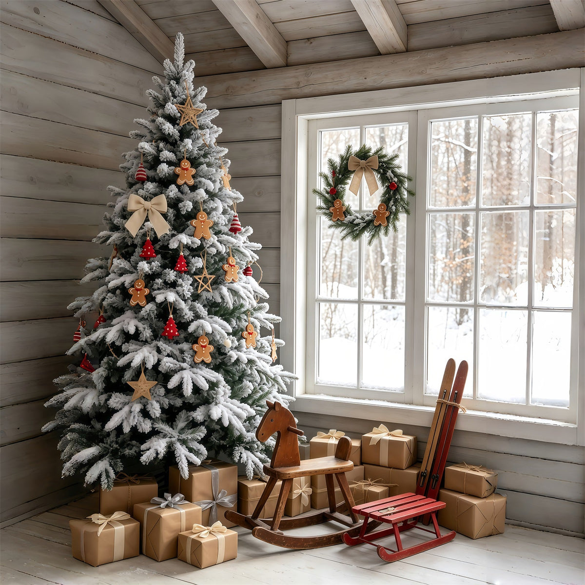 Christmas Cabin Backdrop Snowy Gingerbread Tree Room Christmas Indoor Backdrop UK GQ69-48