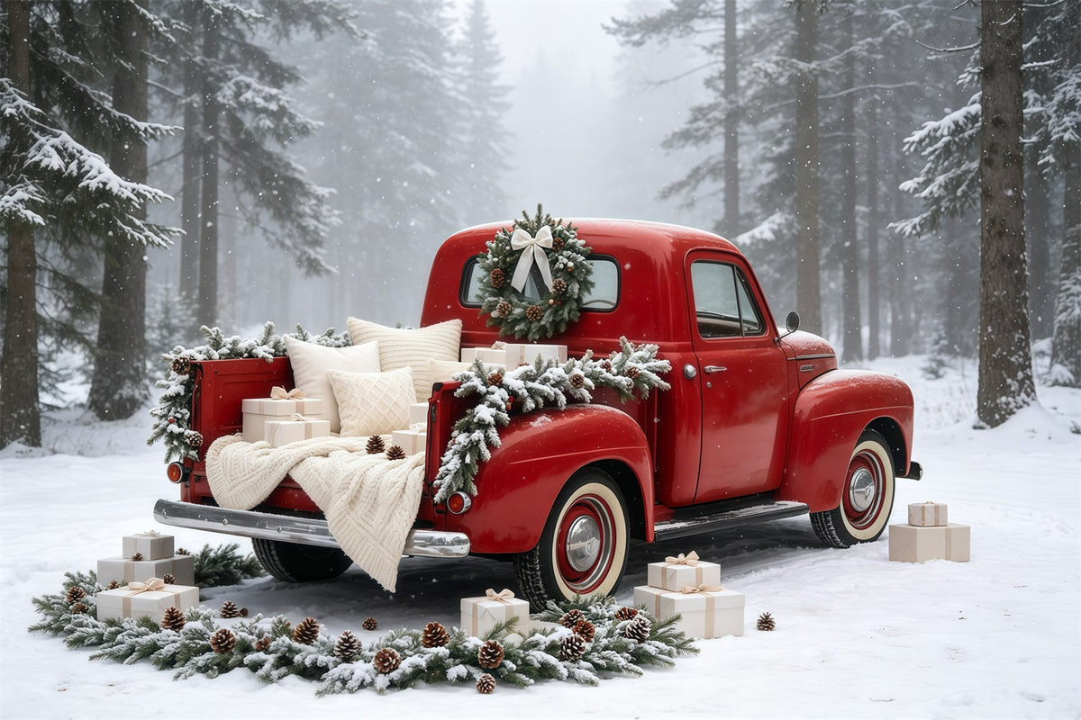 Christmas Truck Backdrop Vintage Red Car Forest Studio Christmas Backdrop UK GQ69-5