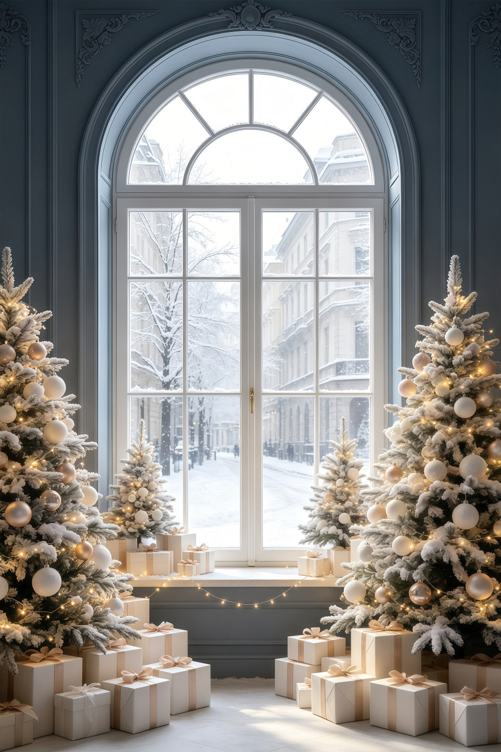 Christmas Window Backdrop Snowy Street View Tree Display Muslin Christmas Backdrop UK GQ69-52