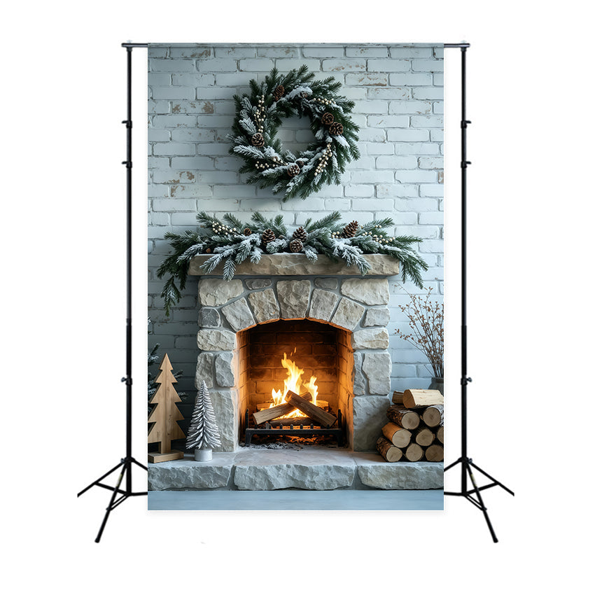 Christmas Fireplace Backdrop Frosted Garland Brick Wall Muslin Backdrop Christmas UK GQ69-53