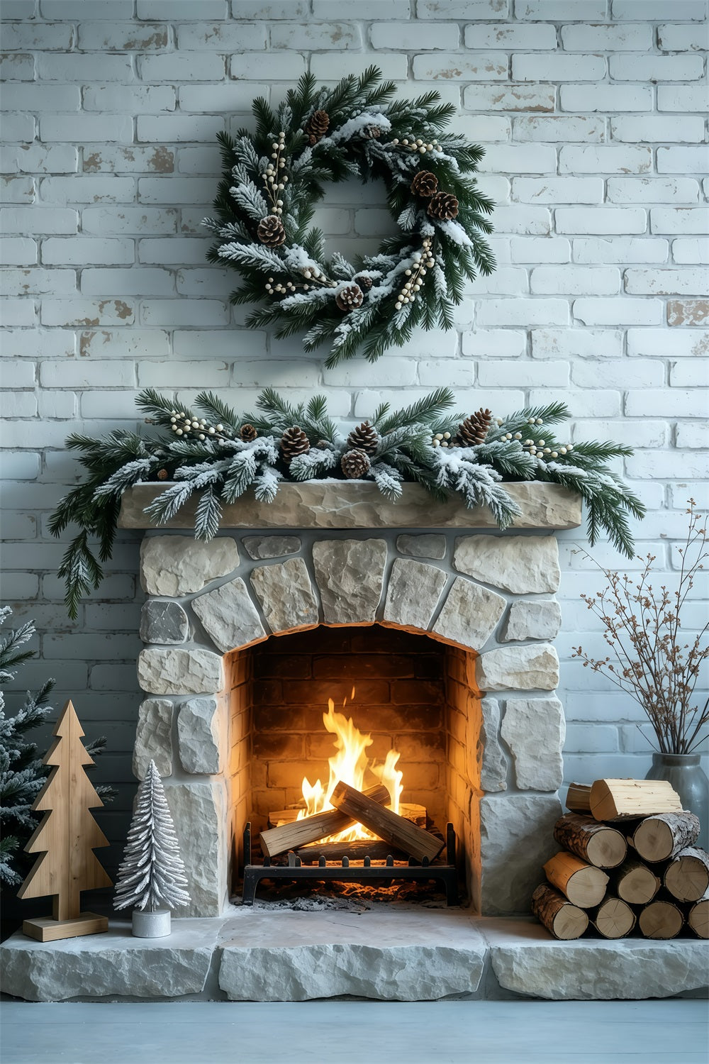 Christmas Fireplace Backdrop Frosted Garland Brick Wall Muslin Backdrop Christmas UK GQ69-53