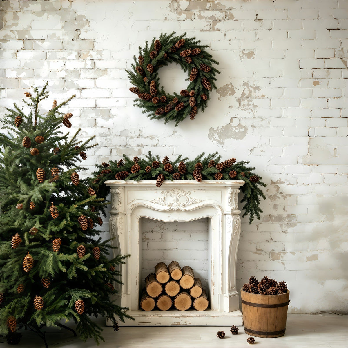 Christmas Wall Backdrop Pinecone Wreath Mantel Display Photographic Backdrops Christmas UK GQ69-54