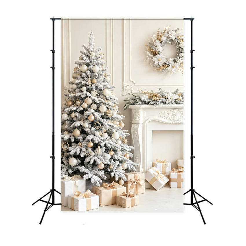 Elegant Christmas Backdrop Snowy White Tree Fireplace Room Christmas Backdrop UK GQ69-56