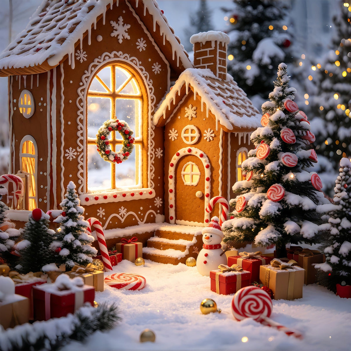 Gingerbread Christmas Backdrop Snowy Cottage Candy Village Christmas Backdrops UK GQ69-57