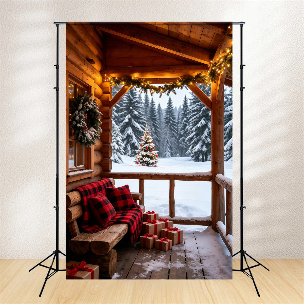 Country Christmas Backdrop Cozy Cabin Porch Forest View Christmas Photo Backdrop UK GQ69-58