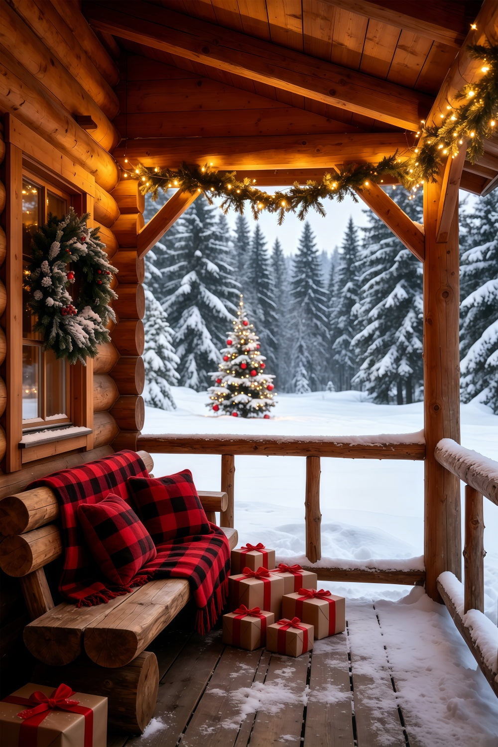 Country Christmas Backdrop Cozy Cabin Porch Forest View Christmas Photo Backdrop UK GQ69-58