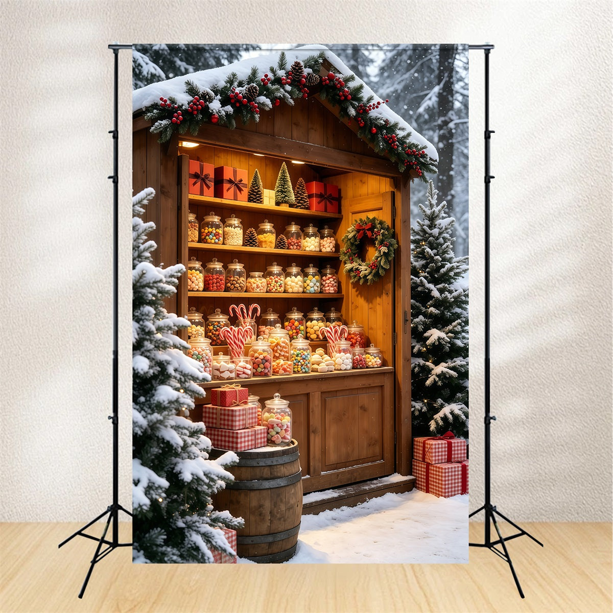 Snowy Christmas Backdrop Rustic Candy Jar Market Stall Christmas Photo Backdrops UK GQ69-59