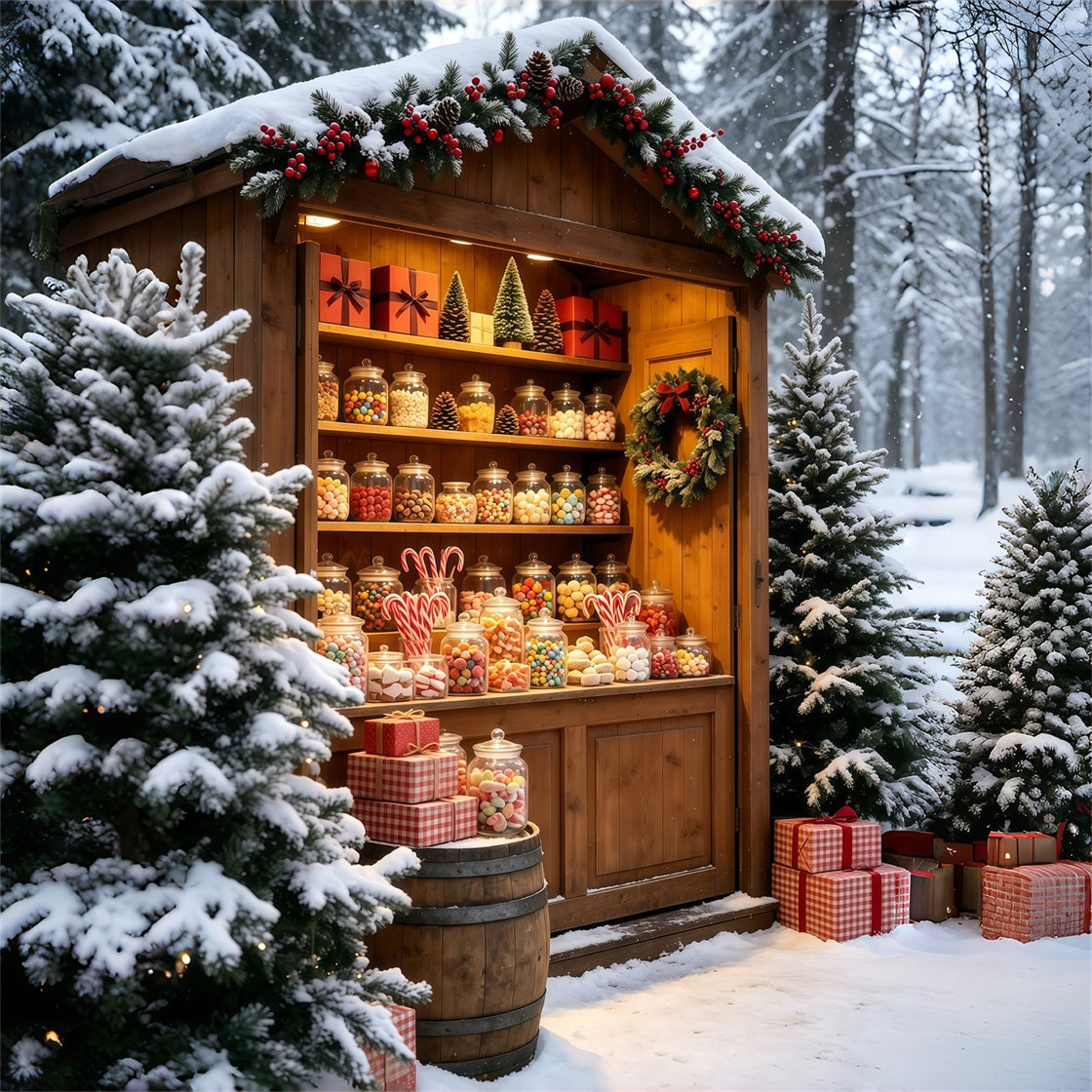 Snowy Christmas Backdrop Rustic Candy Jar Market Stall Christmas Photo Backdrops UK GQ69-59