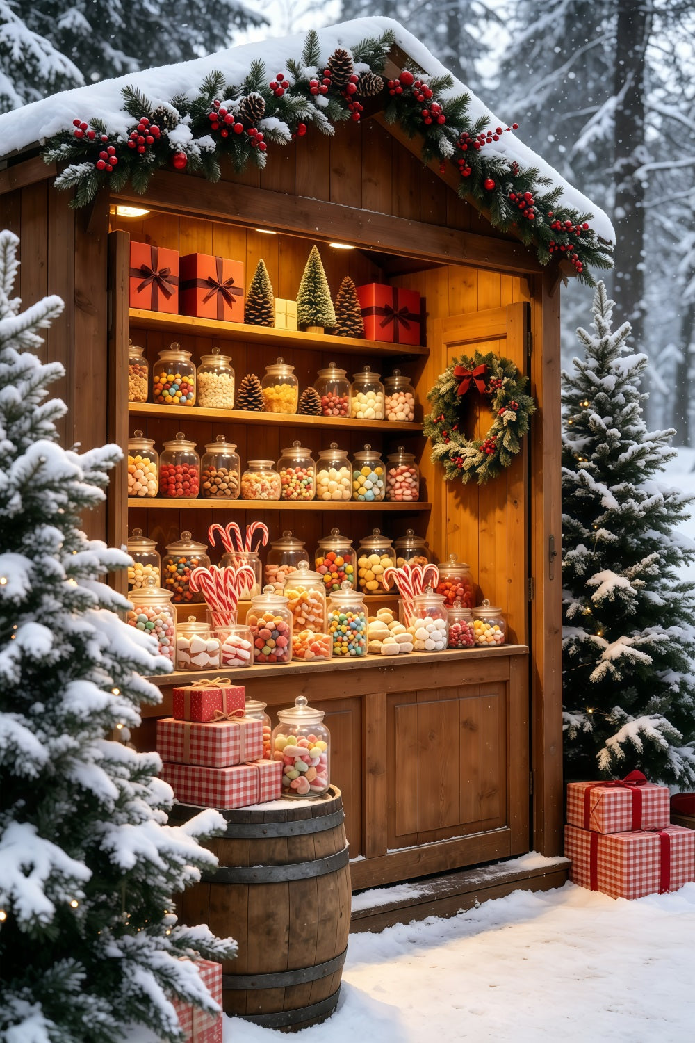 Snowy Christmas Backdrop Rustic Candy Jar Market Stall Christmas Photo Backdrops UK GQ69-59