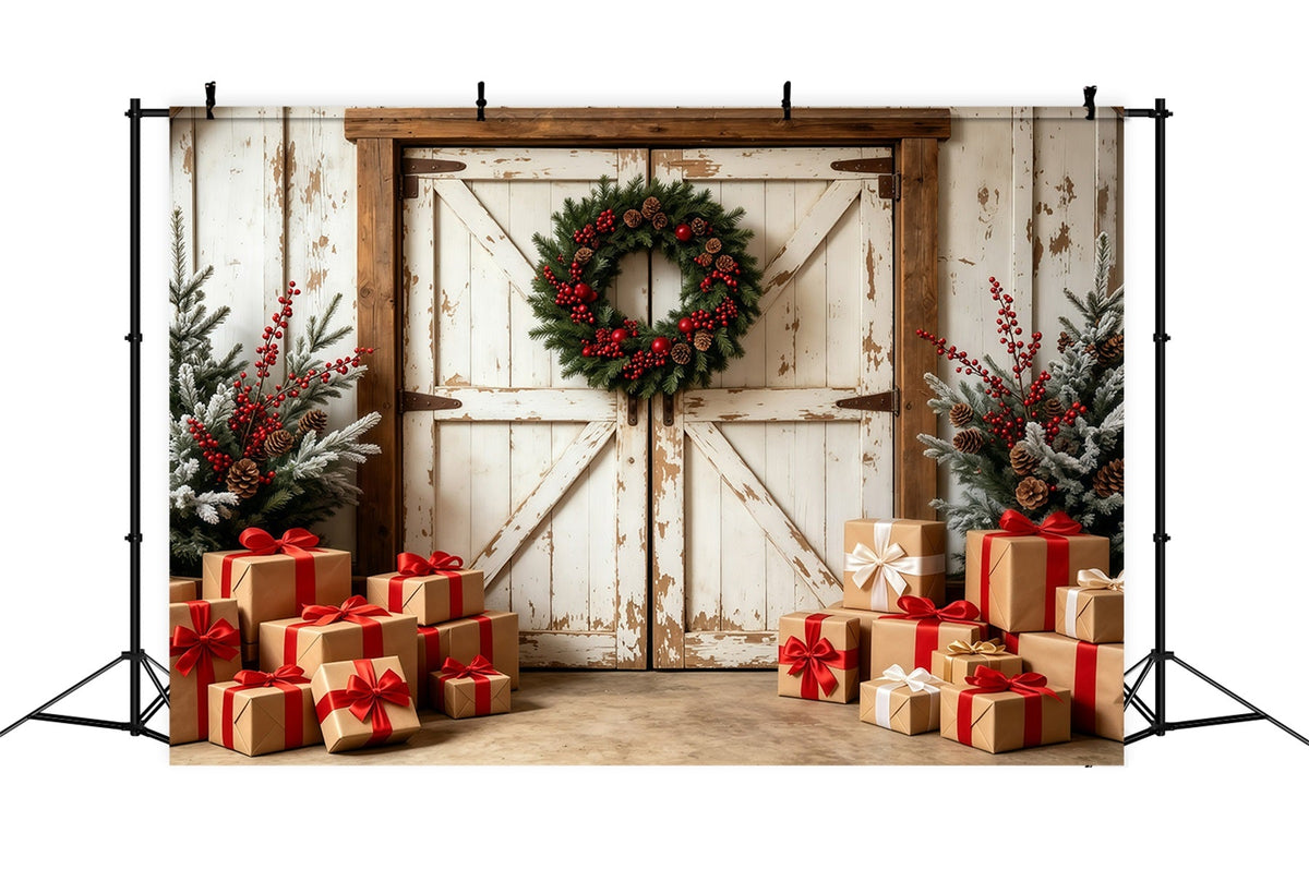 Christmas Barn Door Backdrop Rustic Barn Gift Boxes Studio Christmas Backdrops UK GQ69-6
