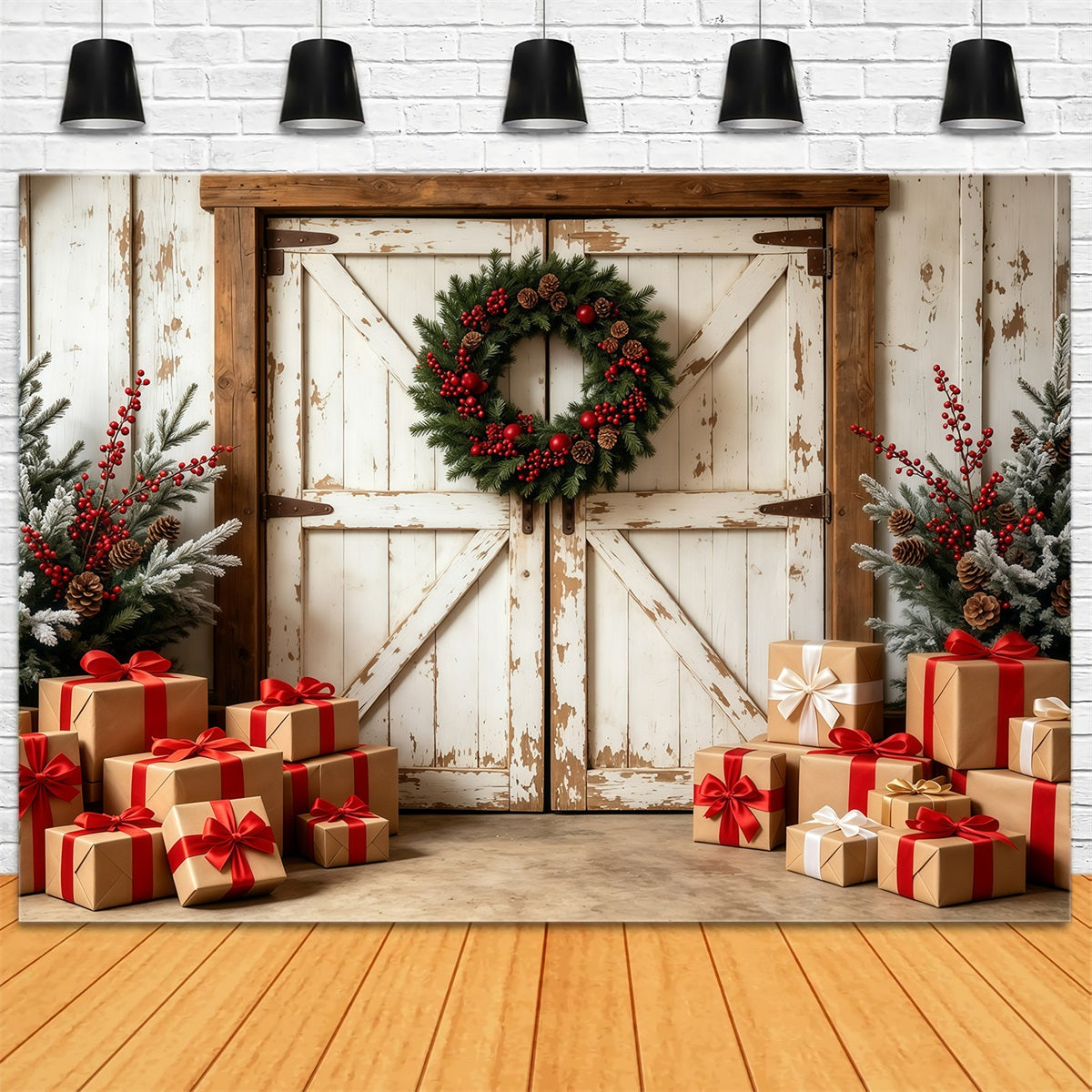 Christmas Barn Door Backdrop Rustic Barn Gift Boxes Studio Christmas Backdrops UK GQ69-6