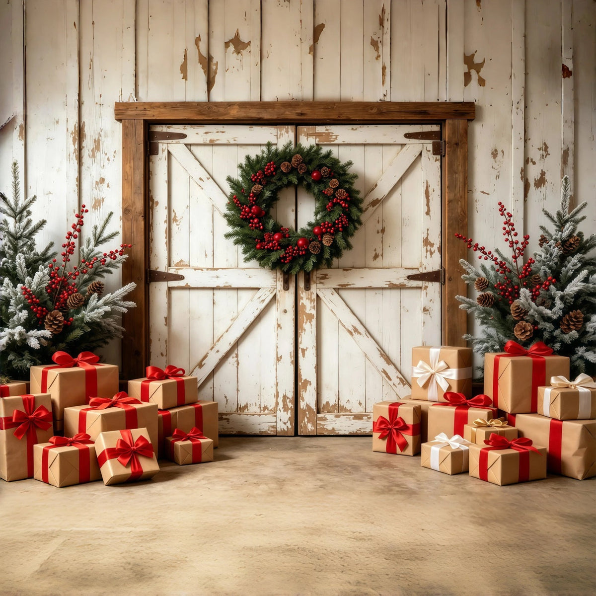 Christmas Barn Door Backdrop Rustic Barn Gift Boxes Studio Christmas Backdrops UK GQ69-6