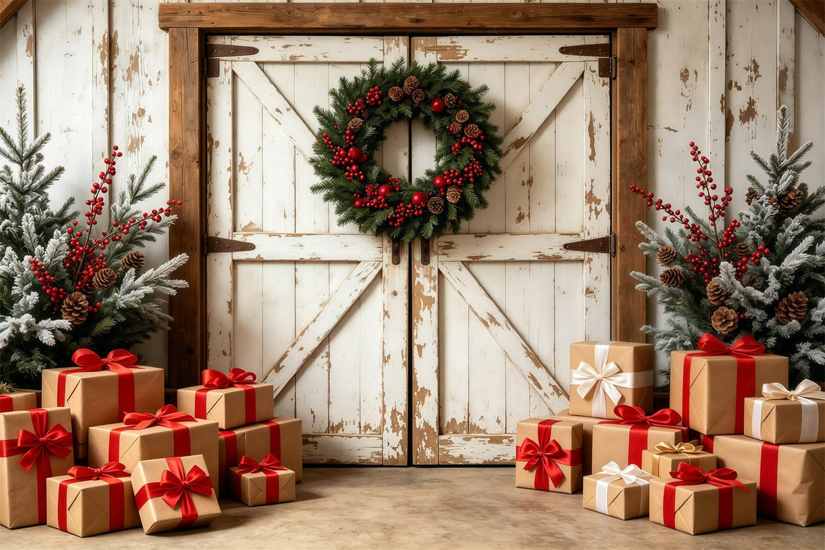 Christmas Barn Door Backdrop Rustic Barn Gift Boxes Studio Christmas Backdrops UK GQ69-6