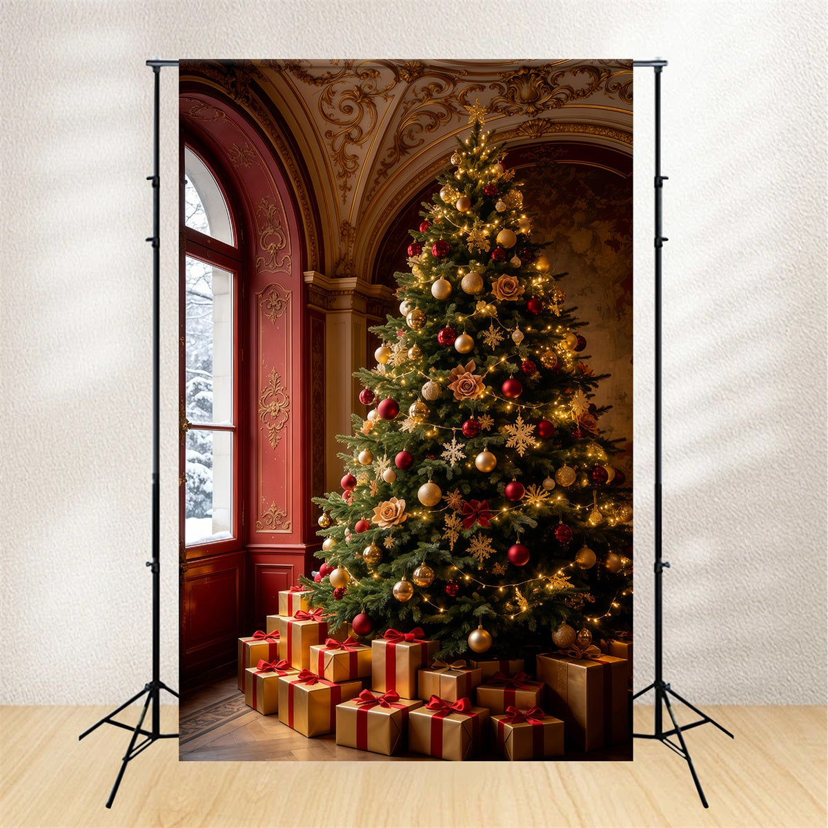 Victorian Christmas Backdrop Royal Red Hall Tree Large Christmas Backdrops UK GQ69-65