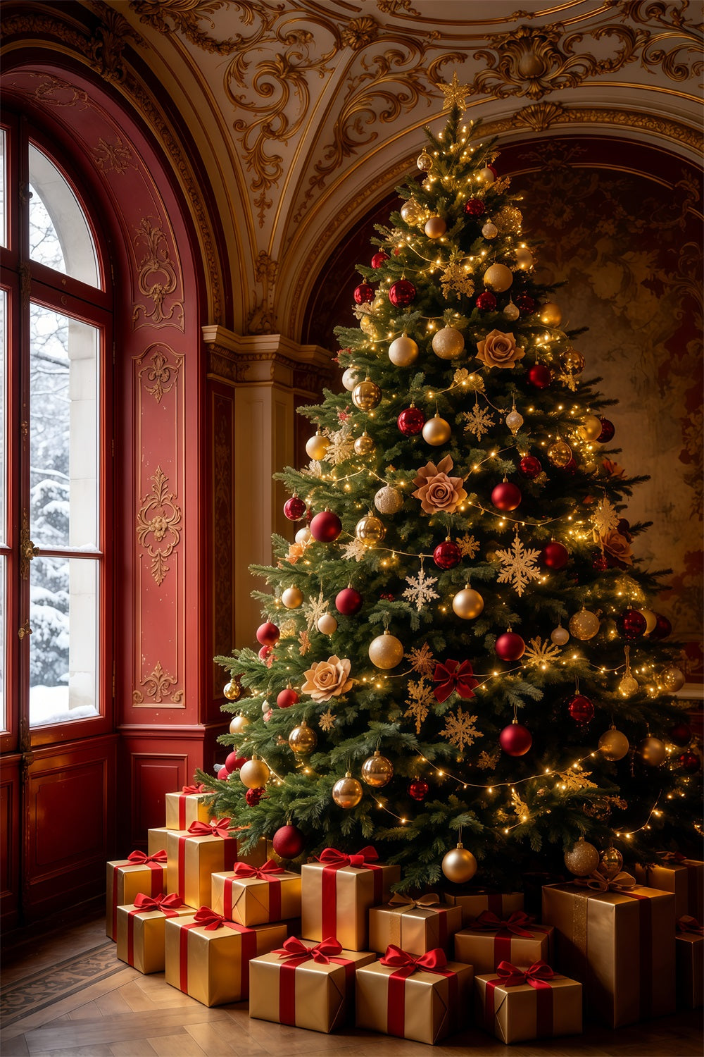 Victorian Christmas Backdrop Royal Red Hall Tree Large Christmas Backdrops UK GQ69-65