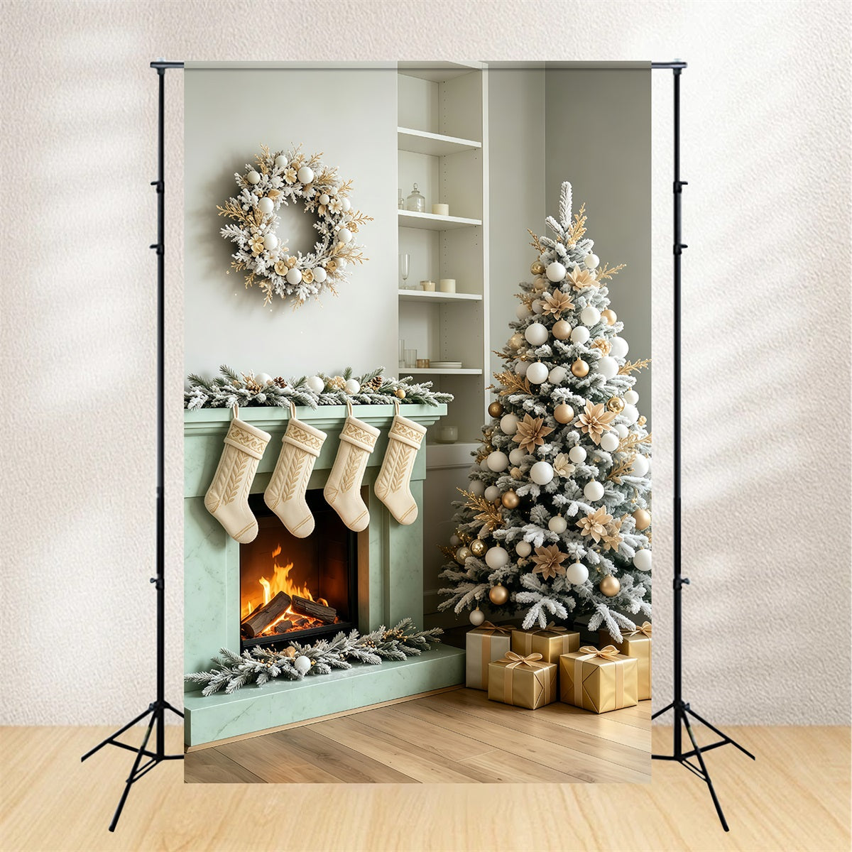 Christmas Room Backdrop Minimal White Fireplace Stockings Christmas Wall Backdrop UK GQ69-66