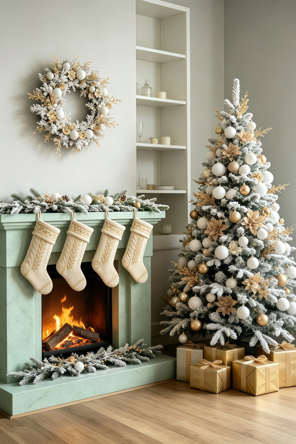 Christmas Room Backdrop Minimal White Fireplace Stockings Christmas Wall Backdrop UK GQ69-66