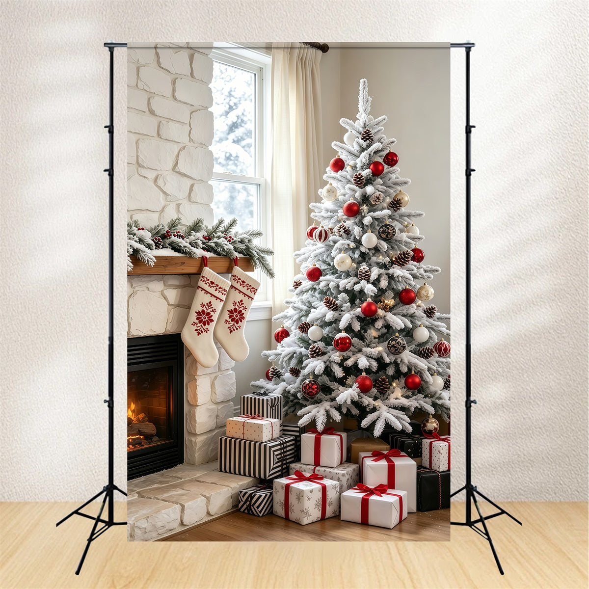 Christmas Living Room Backdrop Snowy Stone Fireplace Tree Photography Christmas Backdrops UK GQ69-67