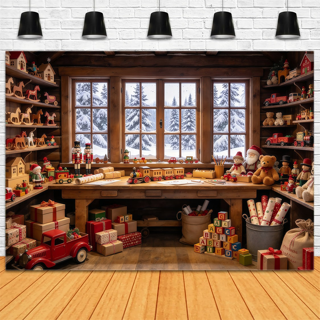 Twas The Night Before Christmas Backdrop Wooden Toy Workshop Interior Xmas Photo Backdrop UK GQ69-72