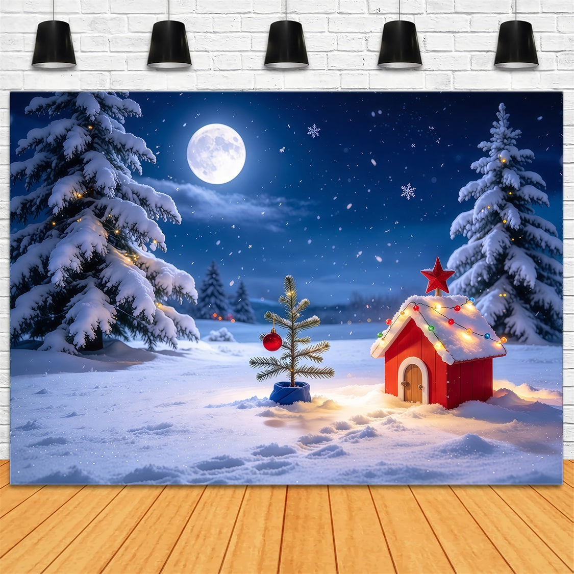 Funny Christmas Backdrops Moonlit Snowy Cottage Landscape Snow Christmas Backdrops UK GQ69-73