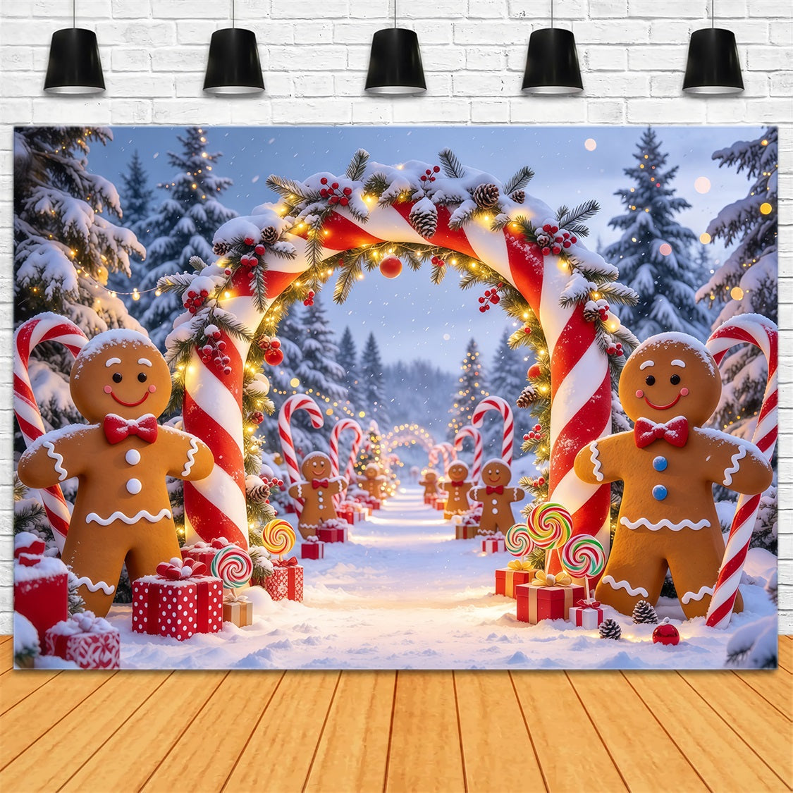 Christmas Backdrop Portrait Gingerbread Snowy Forest Path Candy Cane Photo Backdrop UK GQ69-80