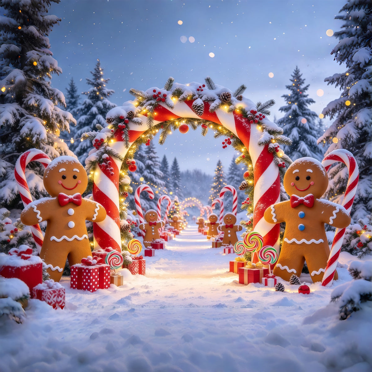 Christmas Backdrop Portrait Gingerbread Snowy Forest Path Candy Cane Photo Backdrop UK GQ69-80