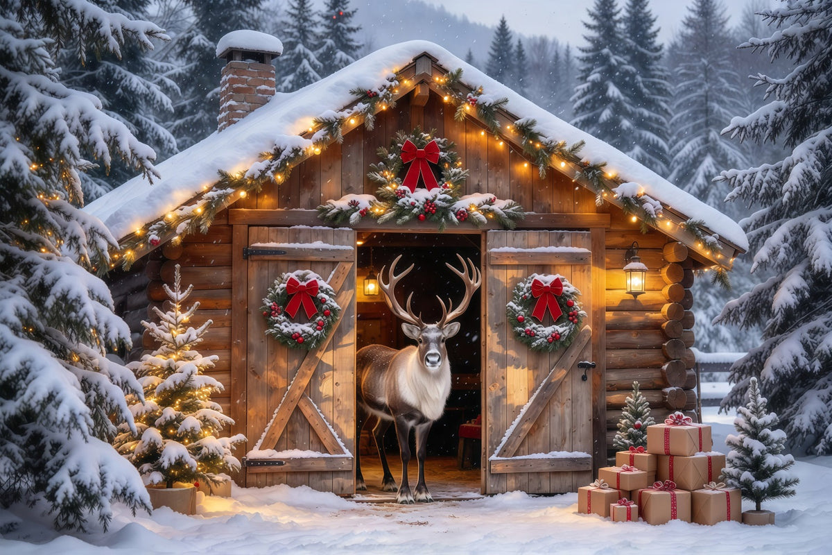 Winter Christmas Backdrops Snowy Reindeer Cabin Entrance Reindeer Stable Backdrop UK GQ69-88