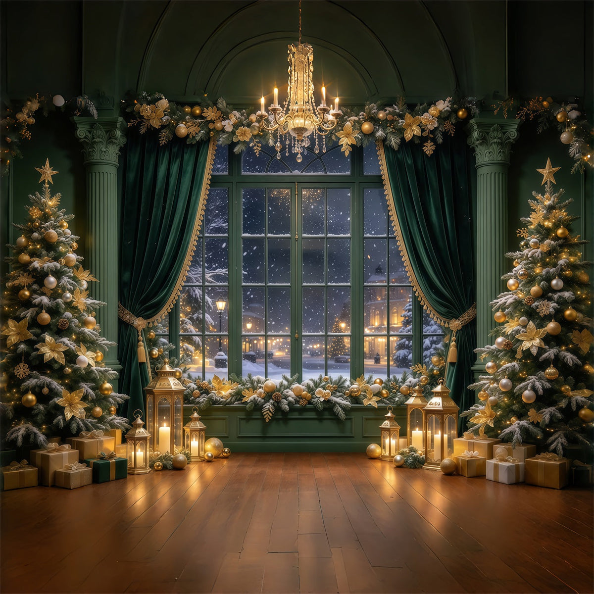 Christmas Curtain Backdrop Emerald Gold Window Display Christmas Story Backdrop UK GQ69-89