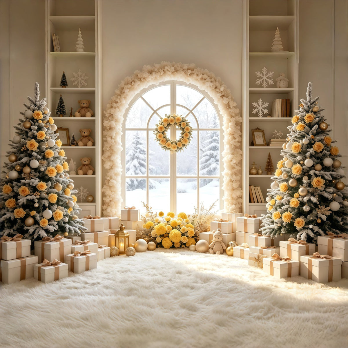 Christmas Room Backdrop Ivory Rose Arch Window Christmas Indoor Backdrop UK GQ69-9