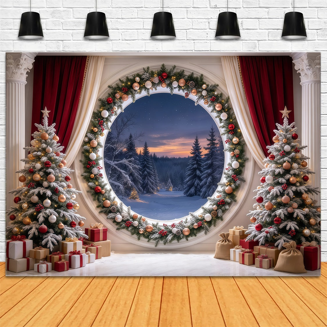 Christmas Backdrop Scenes Round Forest Window Garland Christmas Backdrop HD UK GQ69-90