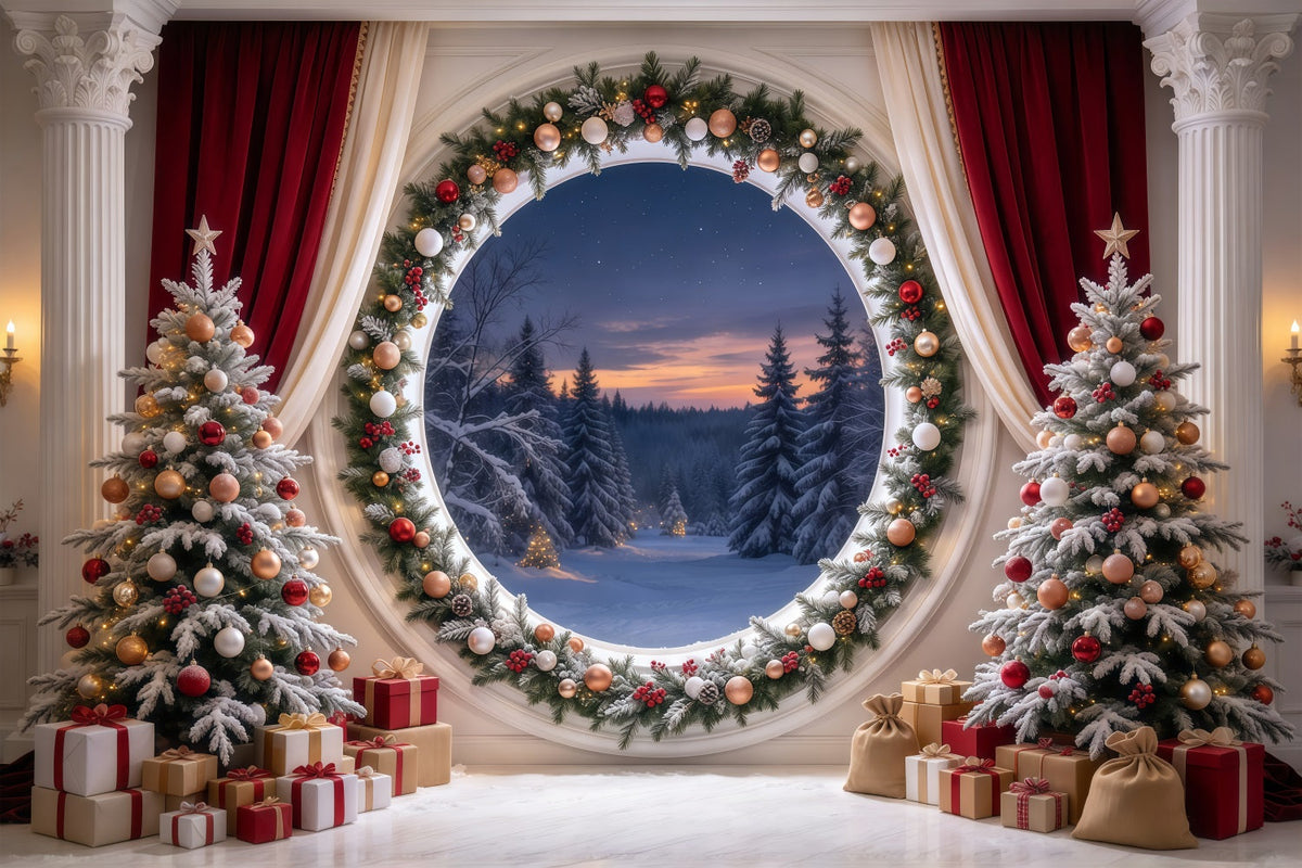 Christmas Backdrop Scenes Round Forest Window Garland Christmas Backdrop HD UK GQ69-90