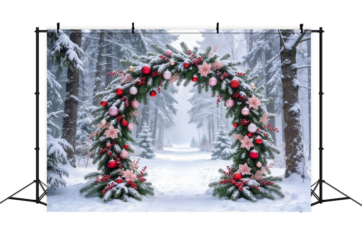 Photography Christmas Tree Backdrop Snowy Pink Floral Arch Outdoor Christmas Tree Backdrop UK GQ69-93