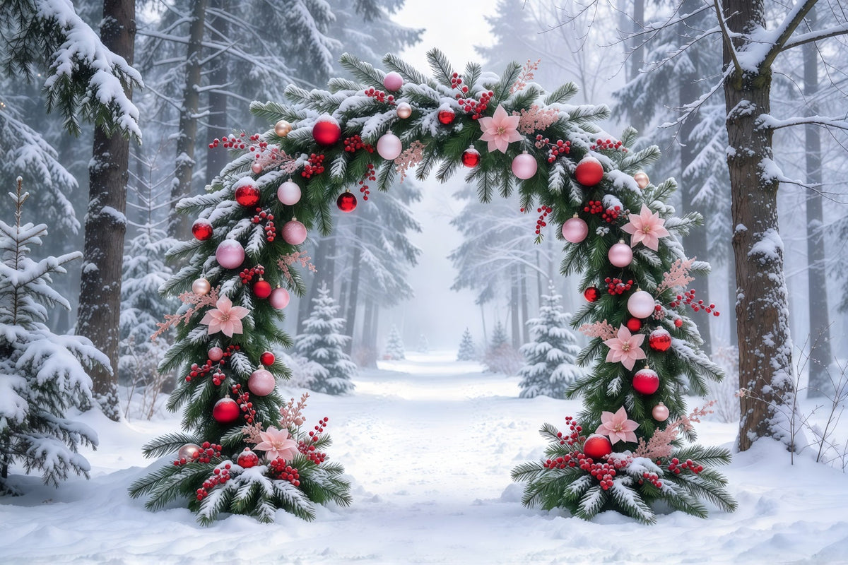 Photography Christmas Tree Backdrop Snowy Pink Floral Arch Outdoor Christmas Tree Backdrop UK GQ69-93