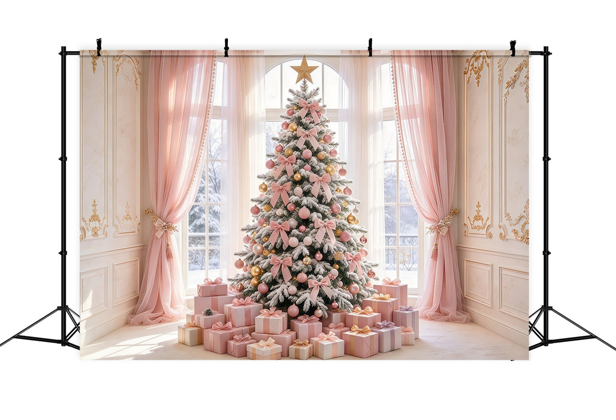 Pink Christmas Backdrops For Photography Blush Bow Tree Gifts Christmas Photoshoot Backdrops UK GQ69-94