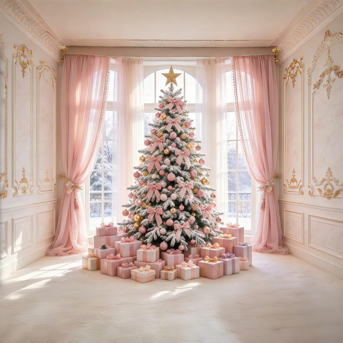 Pink Christmas Backdrops For Photography Blush Bow Tree Gifts Christmas Photoshoot Backdrops UK GQ69-94