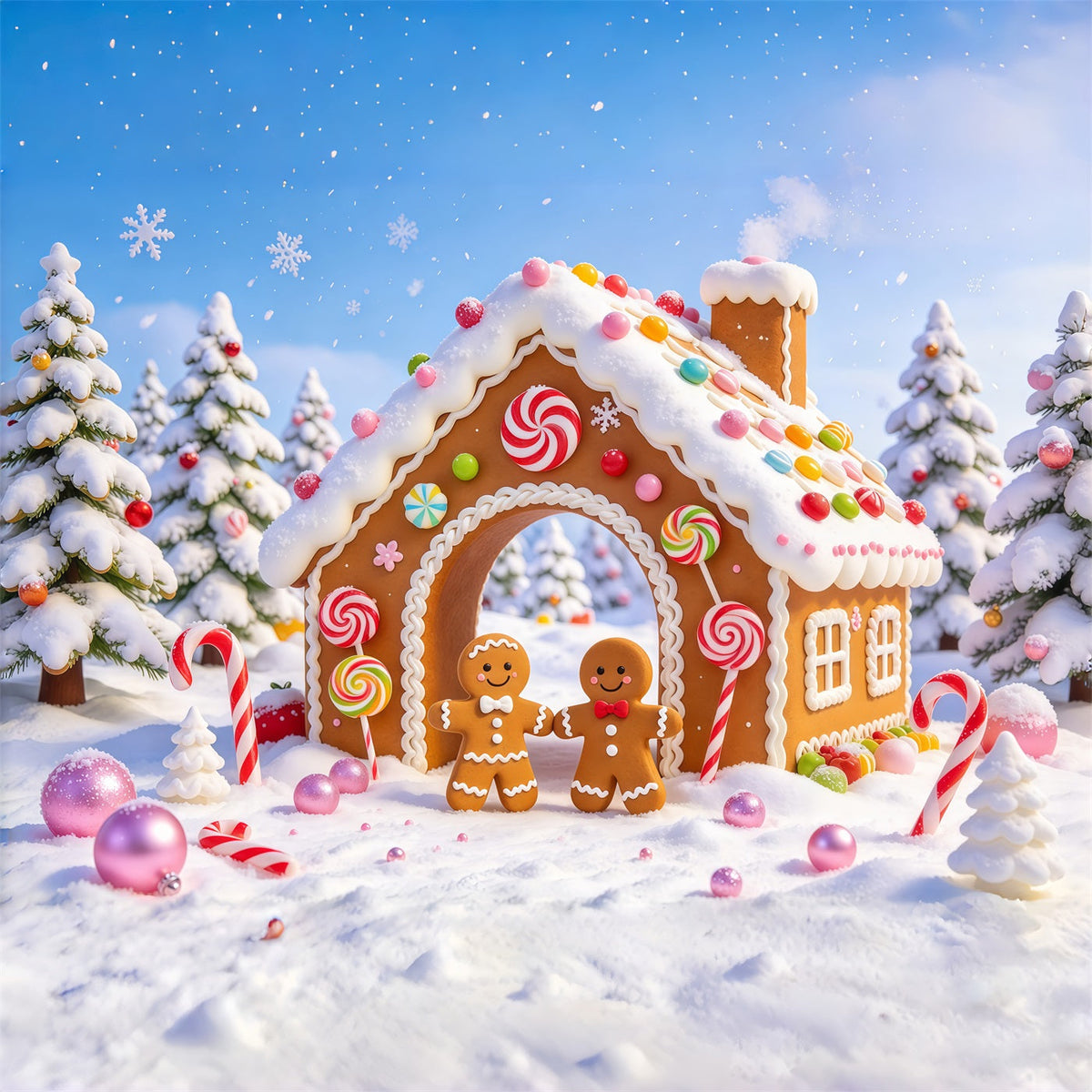 Christmas Candy Cane Backdrop Snowy Candy Cottage Gingerbread Man Backdrop UK GQ69-99